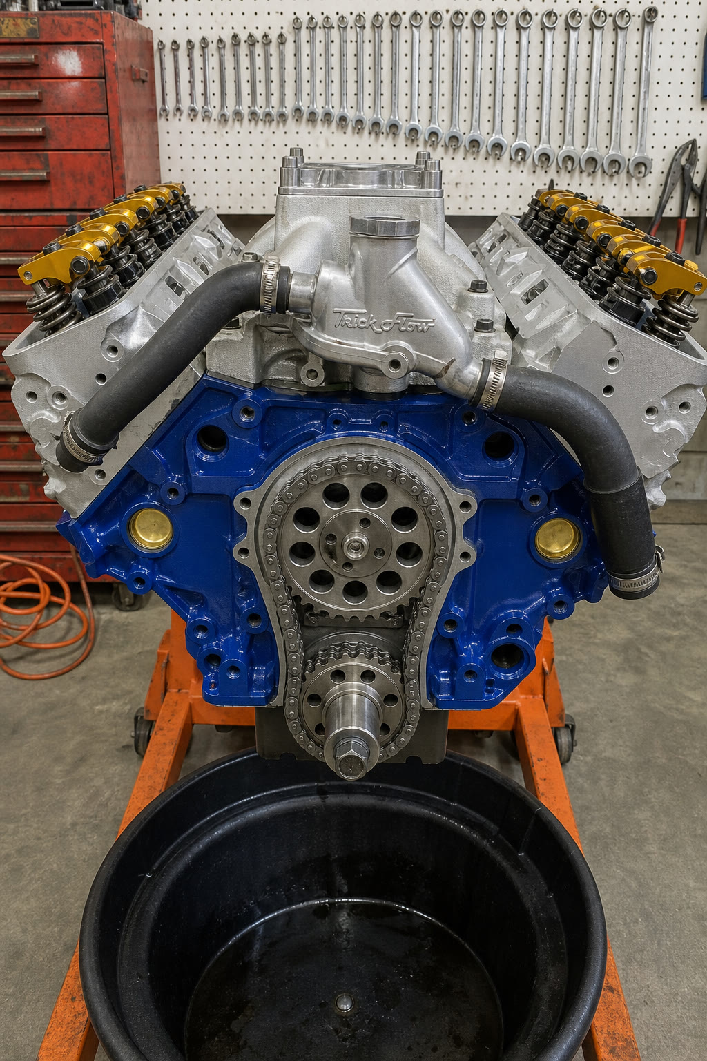 Blue Clevor engine with aluminum Cleveland heads, Trick Flow water neck, and gold rockers