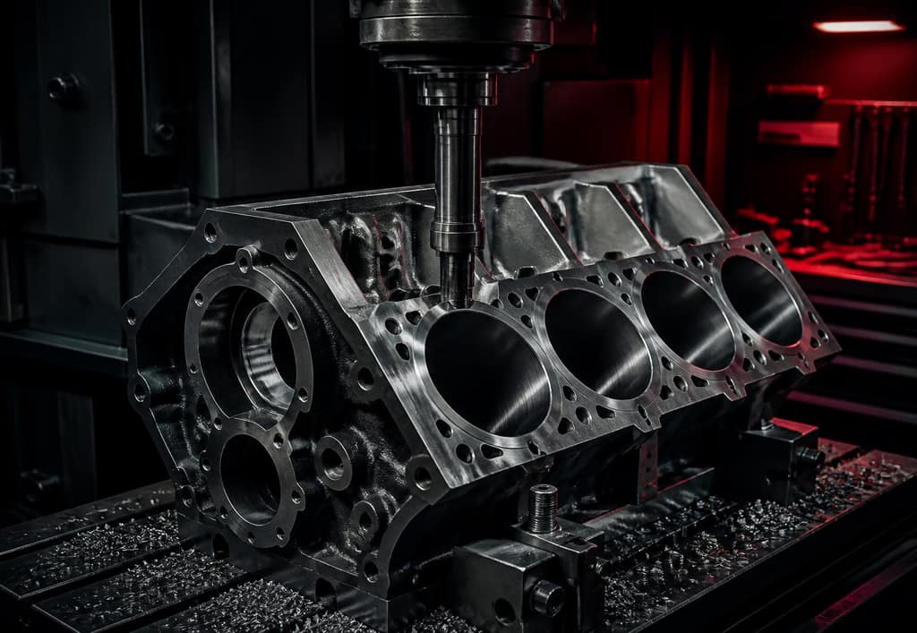 Engine block being precision machined at Champion Automotive Machine Shop